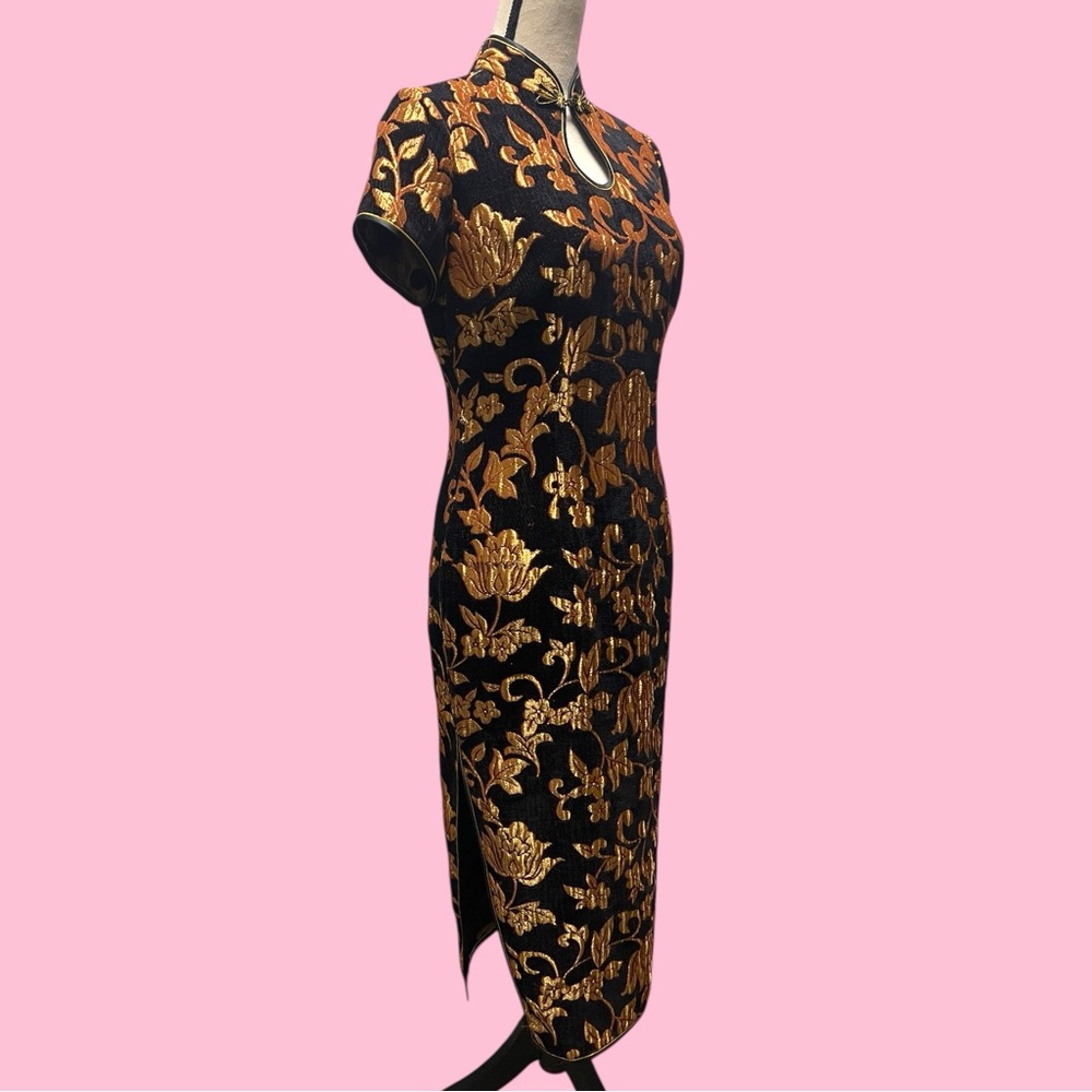Black and Gold Floral Jacquard Cheongsam Quipao Asian Chinese Dress - Picture 2 of 16